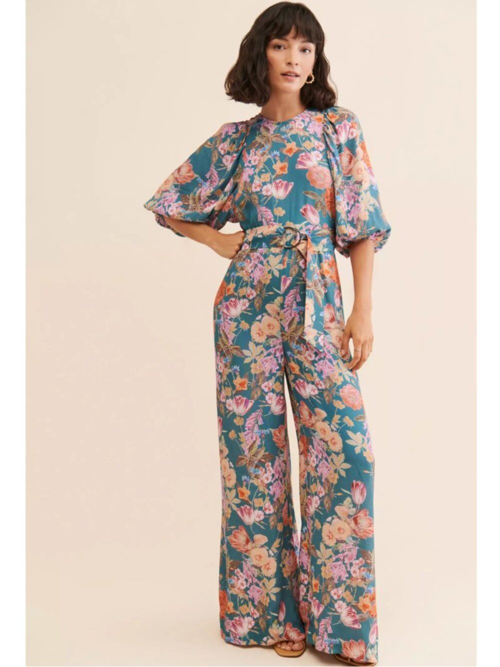 Anthropologie Kachel Floral Balloon Sleeve Jumpsuit Viscose 70's Boho size 8